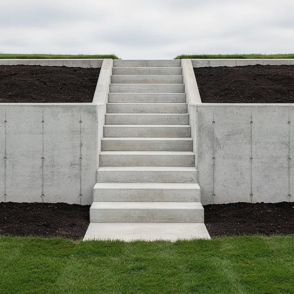 Concrete retaining wall with integrated steps — smooth finish and precise control joints.
