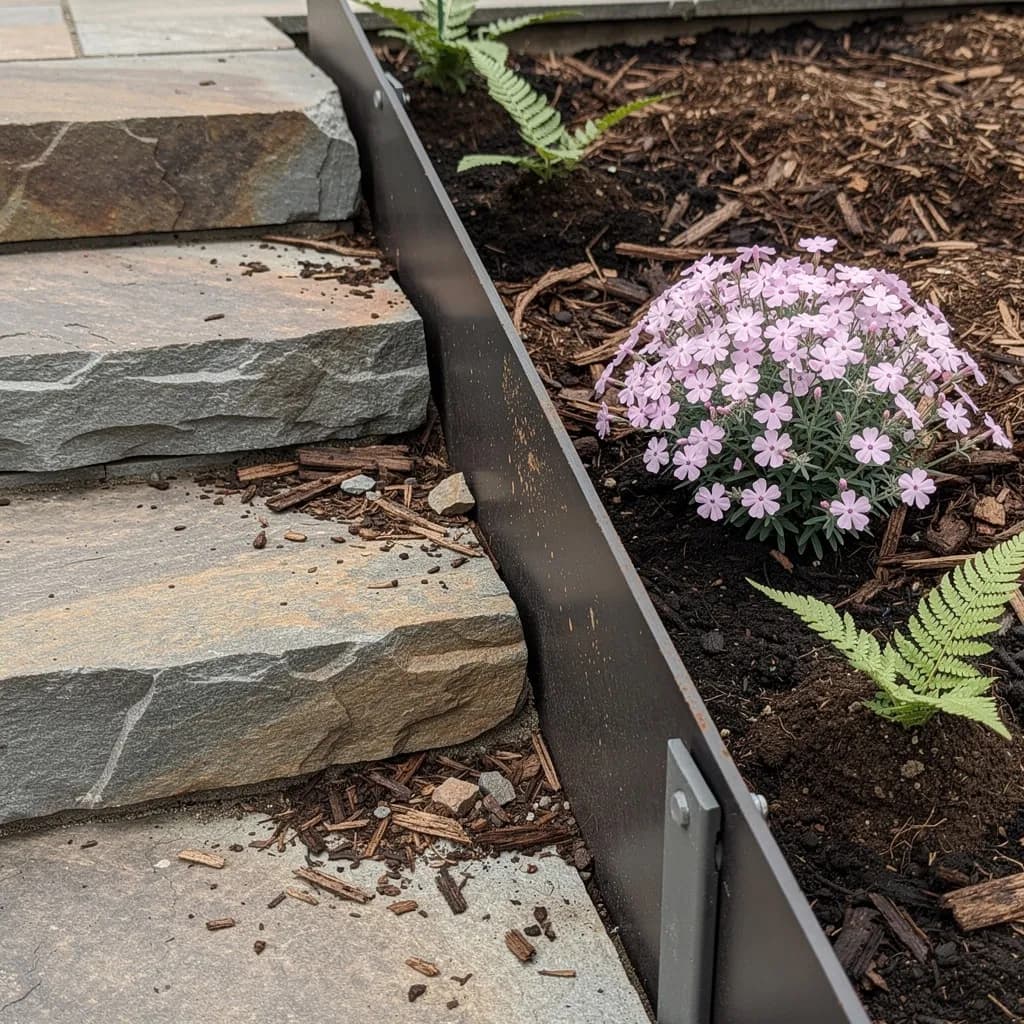Natural stone steps set in steel edging with fresh dark mulch — clean lines, heavy-duty build.